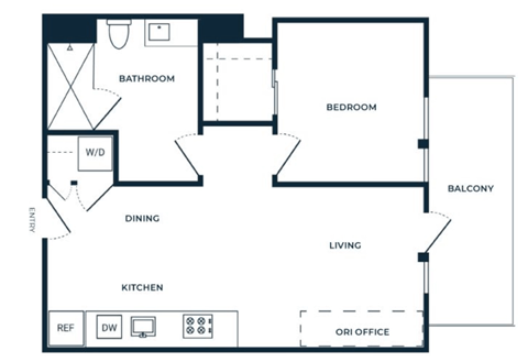 Floor plan for 1 bed, 1 bath, 691 sqft